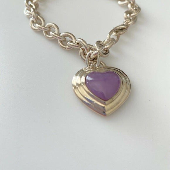Vintage 925 Sterling Silver Purple Jade Heart Charm Rolo Link Bracelet 7.75" - Picture 4 of 5